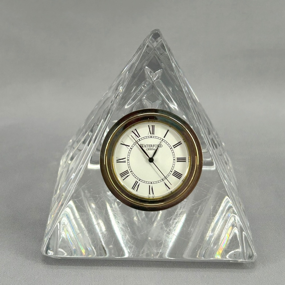 Waterford Crystal Pyramid Desk Clock Roman Numeral Glass Geometric Paperweight